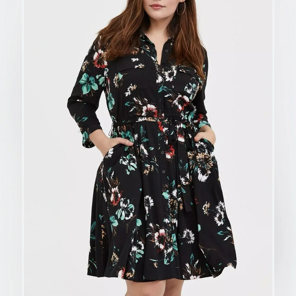 Torrid Mini Challis Shirt Dress Black Floral 3/4 Sleeves Size Large - Picture 1 of 8